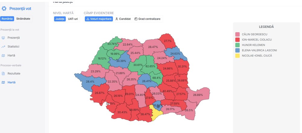 Cum au votat românii? Harta alegerilor prezidențiale: Călin Georgescu a câștigat în 13 județe, iar în alte 25 a terminat pe locul doi