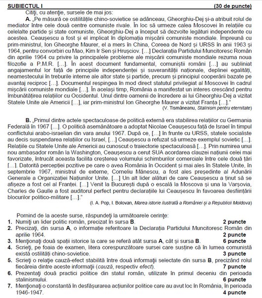Teste de antrenament la Bacalaureat 2024. Modele de subiecte la Istorie 