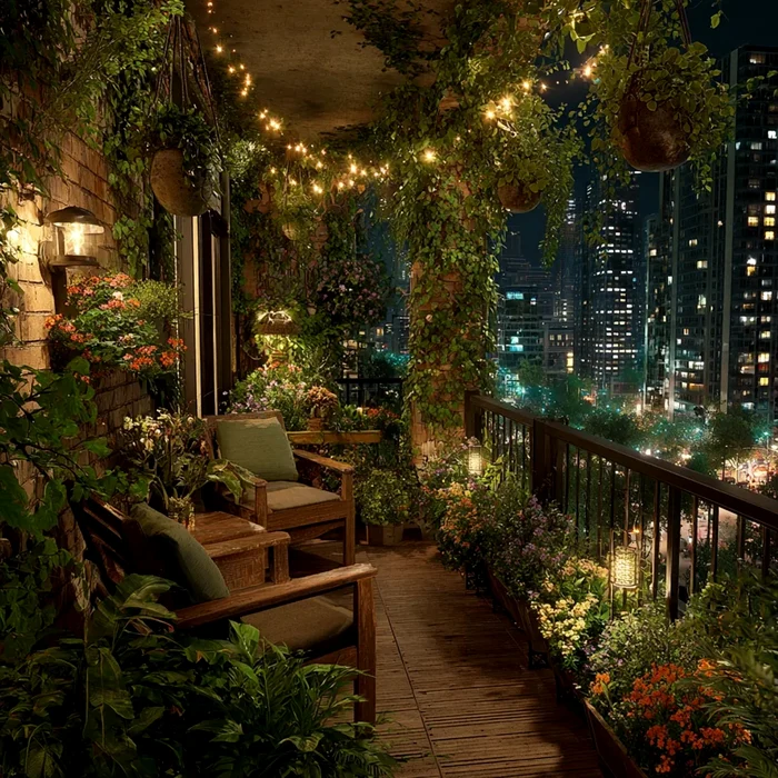 Balcon transformat în grădină botanică luxuriantă cu iluminat nocturn și mobilier Sursă Ideal House