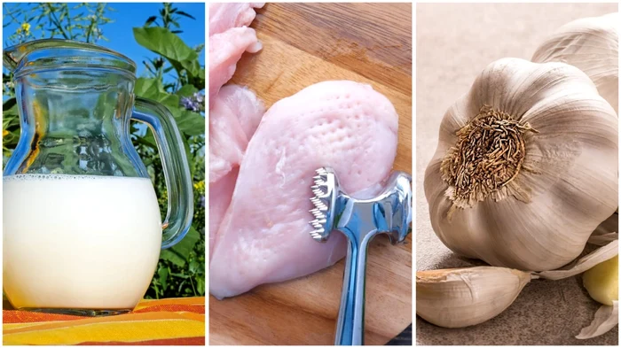 Carnea de șnițele, lăsată la marinat cu lapte și usturoi / foto: Colaj Click! ( Pixabay / Pexels)