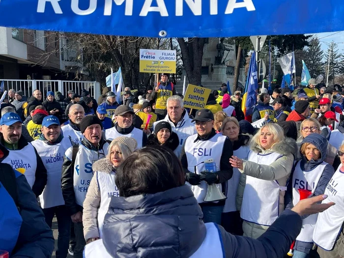 Profesorii protestează în Piața Victoriei Foto: FSLI