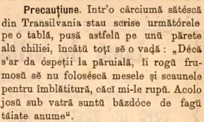 Anunțul afișat la o cârciumă din anii 1800. Sursă foto: Stiri de Cluj