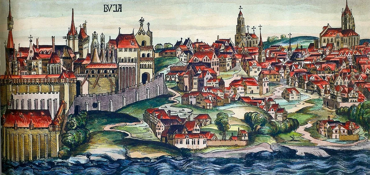 Castelul Buda în timpul domniei regelui Matia Corvin. Două săli ale castelului au găzduit Biblioteca Corviniana (© Wikimedia Commons)
