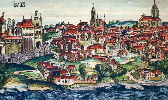 Castelul Buda în timpul domniei regelui Matia Corvin. Două săli ale castelului au găzduit Biblioteca Corviniana (© Wikimedia Commons)