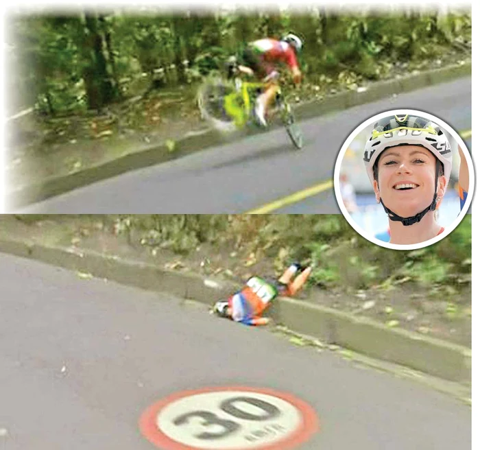 Olandeza se afla în frunte când a frânat brusc şi a fost aruncată peste ghidon, lovindu-se cu capul de bordură. Acum e în afara pericolului FOTO: Guliver/ GettyImages