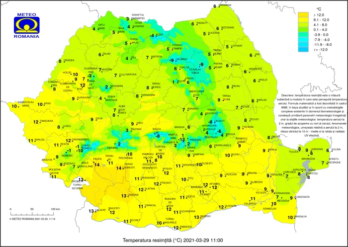 Temperatură resimţită, astăzi, 29 martie. Sursă: ANM