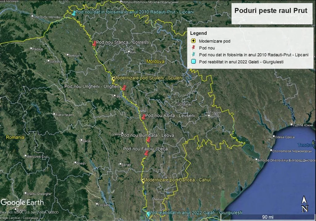 Harta podurilor ce vor fi construite peste Prut, Foto: Facebook Ionel Scrioșteanu