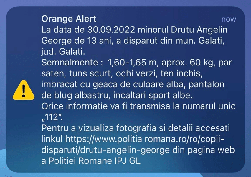 Reacții critice după mesajul RO-Alert care anunța dispariția unui copil 