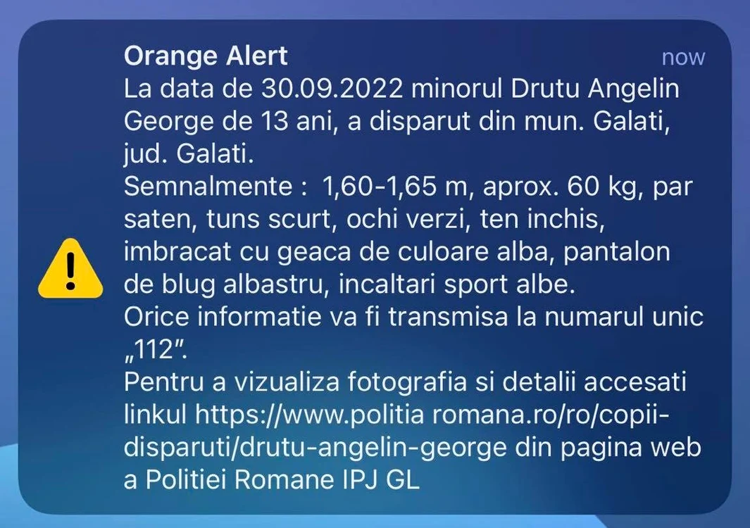 Alertă trimisă prin sistemul RO Alert prin care este anunșată dispariția copilului