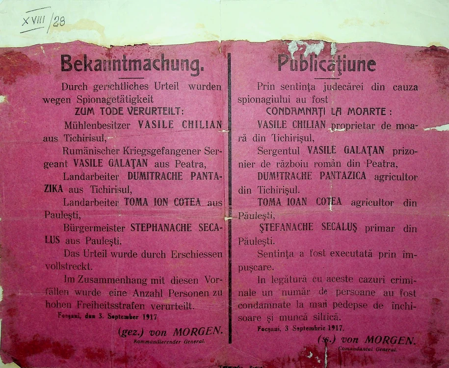 Focșani, 3 septembrie 1917. Anunț al Comandamentului General German (© ANR, SJAN Vrancea, Colecția de Documente, XVIII/28)