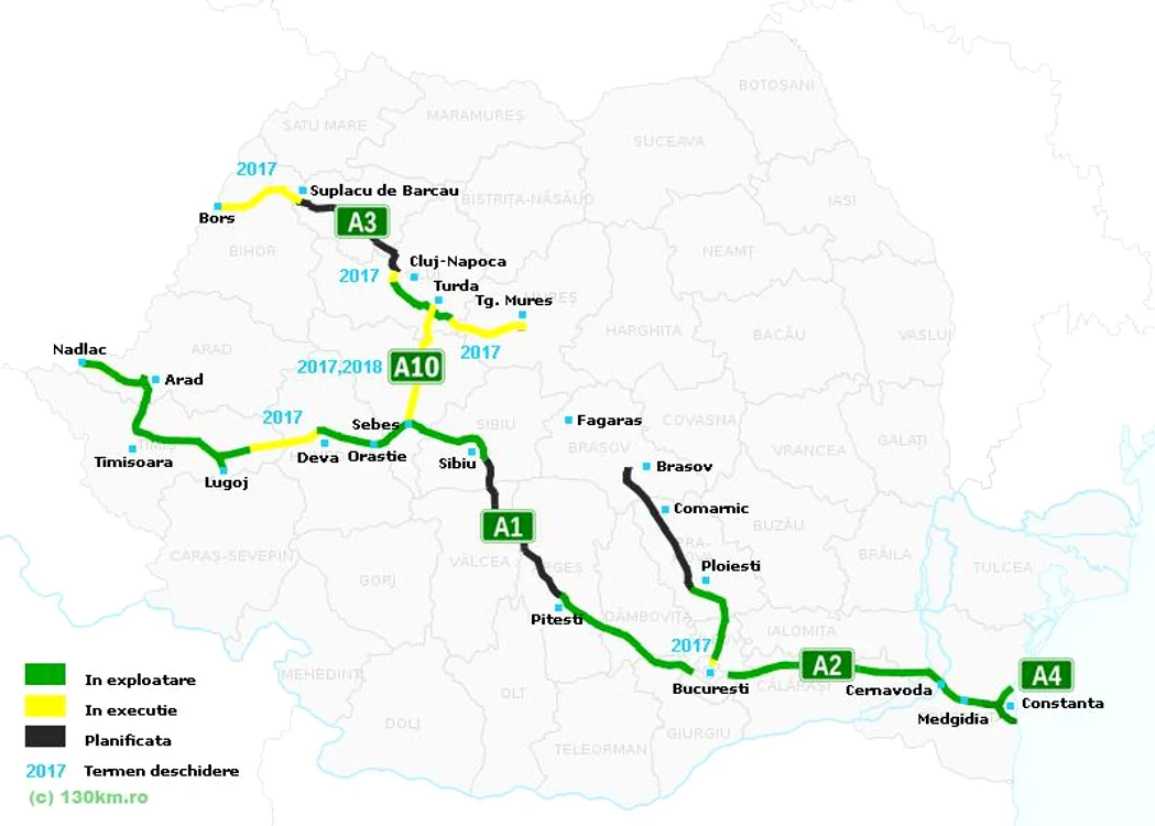 Harta autostrăzilor din România, în 2016. Sursa: 130km.ro