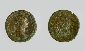 Sestertius imperial roman cu personificarea Daciei pe revers, emis sub autoritatea împăratului Traian, în intervalul 112-114 p. Chr. (© Muzeul Național de Istorie a României)