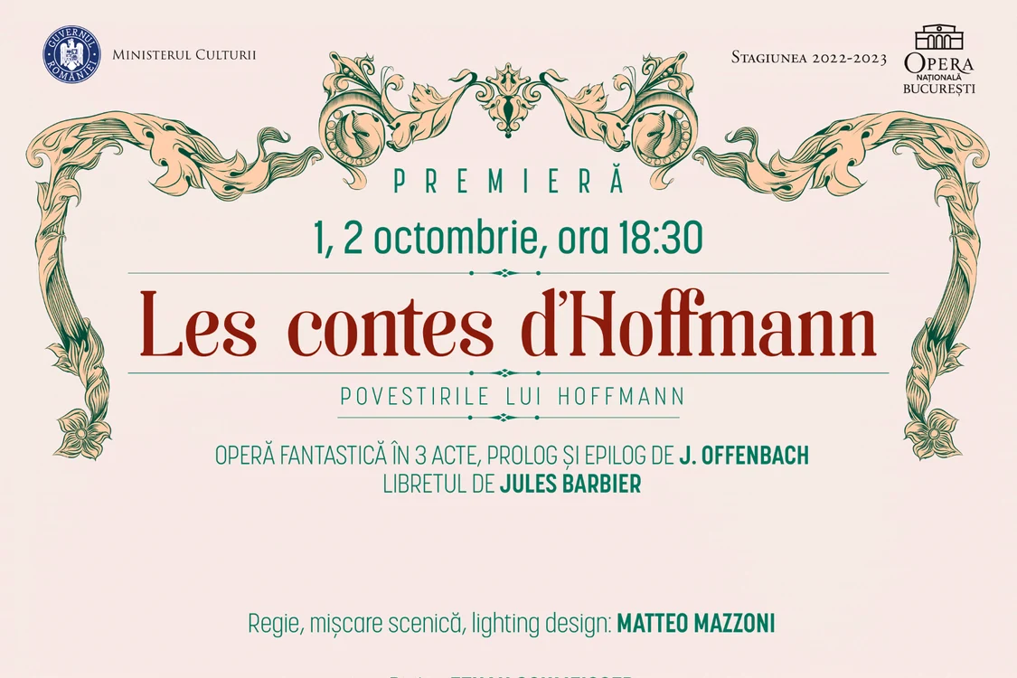 Afiș premieră „Povestirile lui Hoffmann” la Opera Națională București