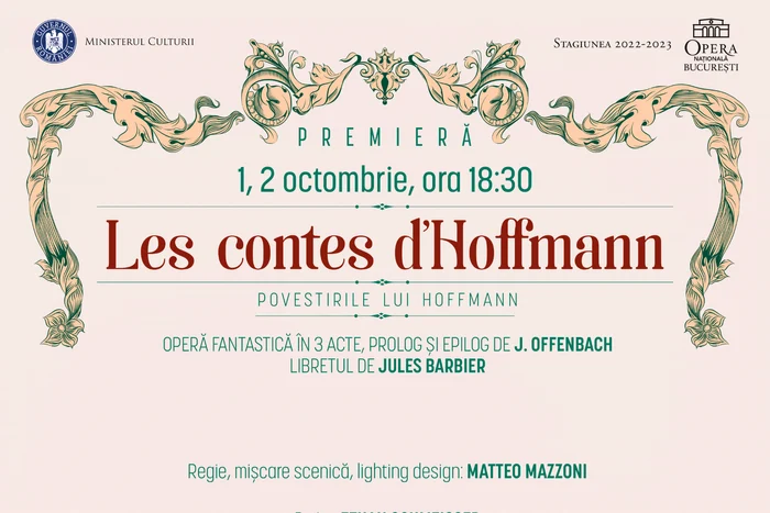 Afiș premieră „Povestirile lui Hoffmann” la Opera Națională București