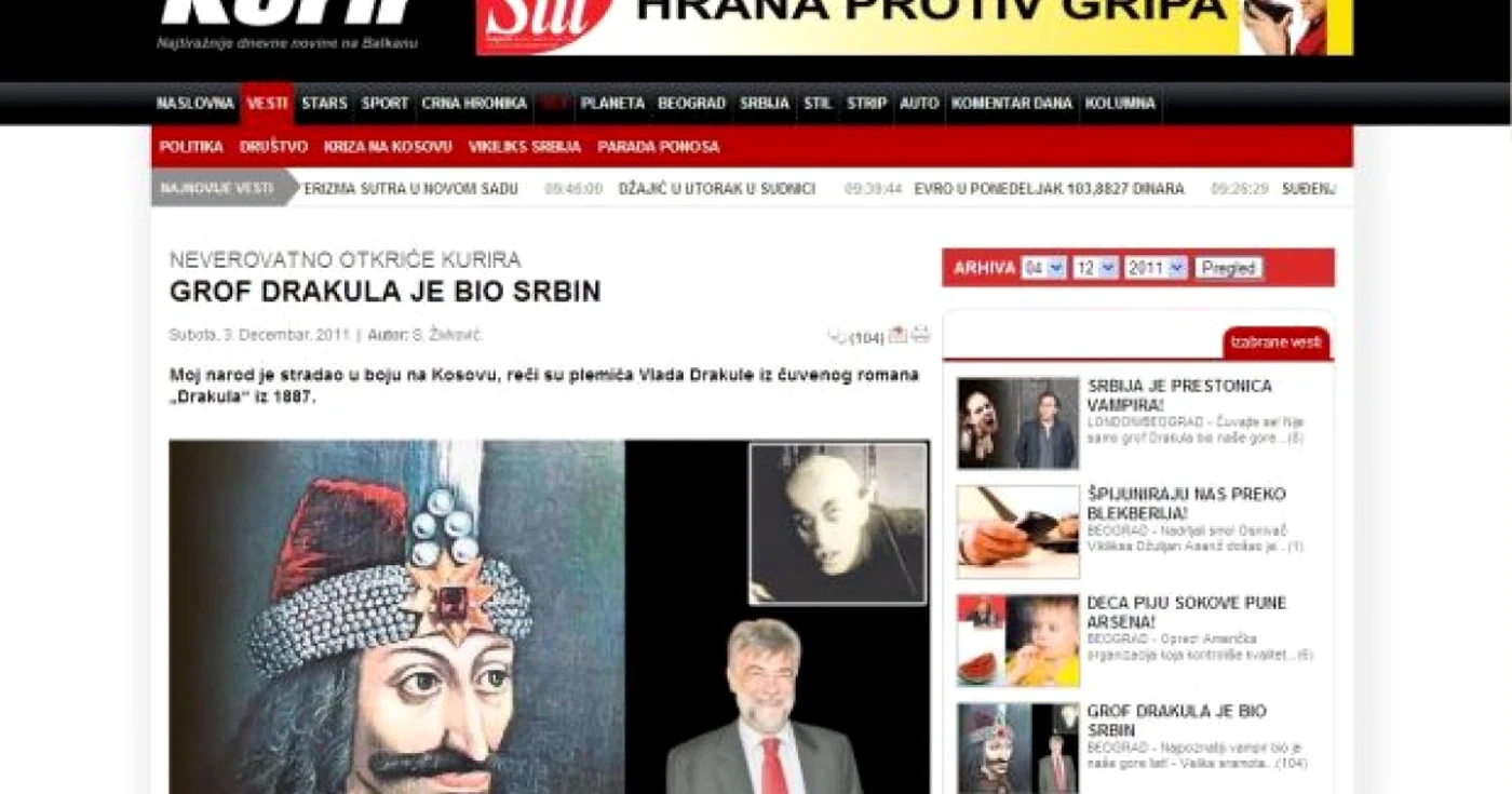 Sârbii îl revendică pe Vlad Ţepeş, potrivit publicaţiei Kurir