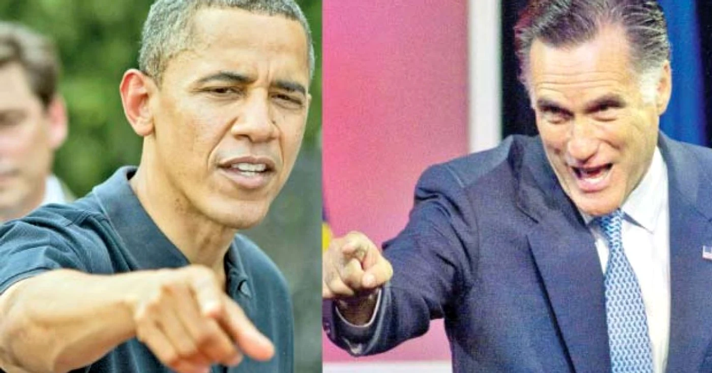 Barack Obama,  preşedintele SUA (stânga) şi Mitt Romney,  contracandidatul lui Obama  în alegerile din 6 noiembrie (dreapta)
