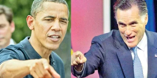 Barack Obama,  preşedintele SUA (stânga) şi Mitt Romney,  contracandidatul lui Obama  în alegerile din 6 noiembrie (dreapta)