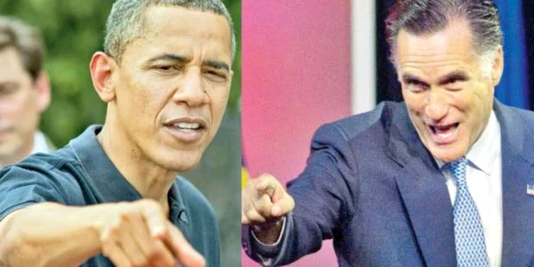 Barack Obama,  preşedintele SUA (stânga) şi Mitt Romney,  contracandidatul lui Obama  în alegerile din 6 noiembrie (dreapta)