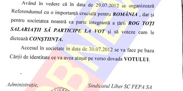 Circulara dată de conducerea Fepa SA