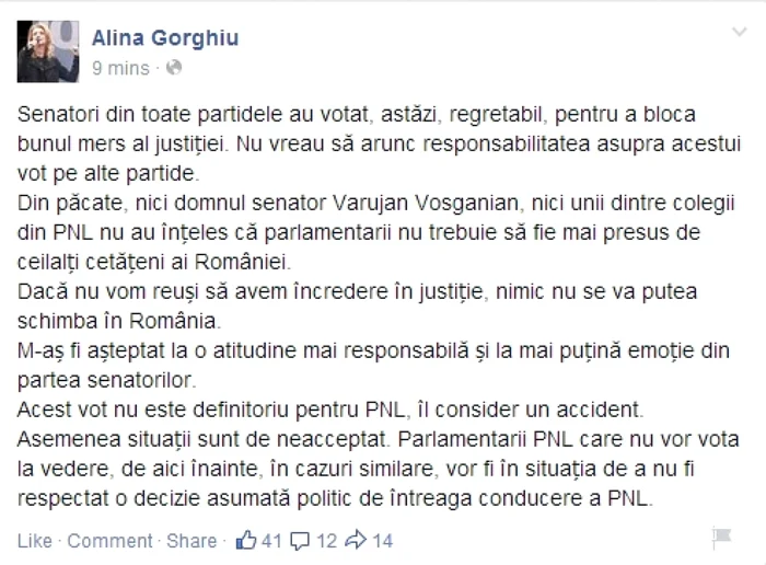 mesaj alina gorghiu facebook