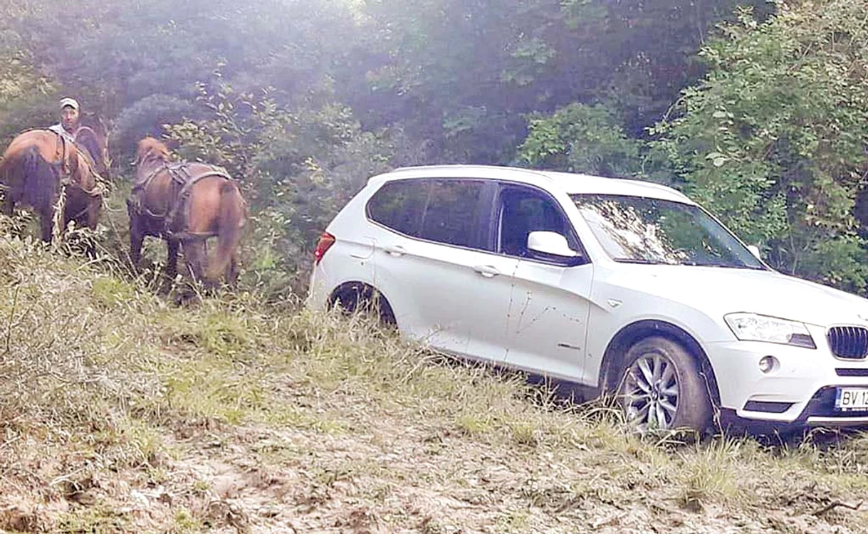 
    Mașina de teren a fost trasă de cai până la drumul principal  