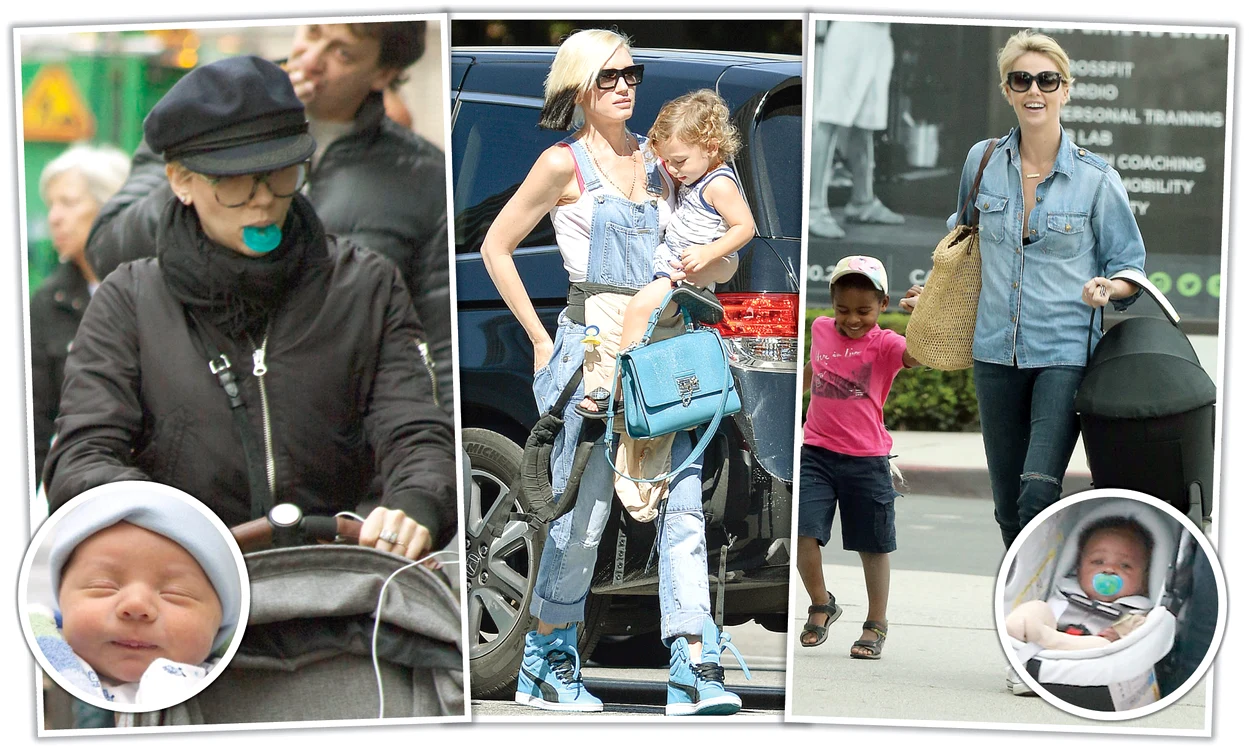 Scarlett Johansson ţine în gură suzeta micuţei Rose de 1 an şi 1 lună. Deşi cântăreşte doar 50 kg, Gwen Stefani îl ţine în braţe pe fiul ei, Apollo. Charlize Theron îl ţine de mână pe fiul Jackson şi în coşuleţ pe fiica August