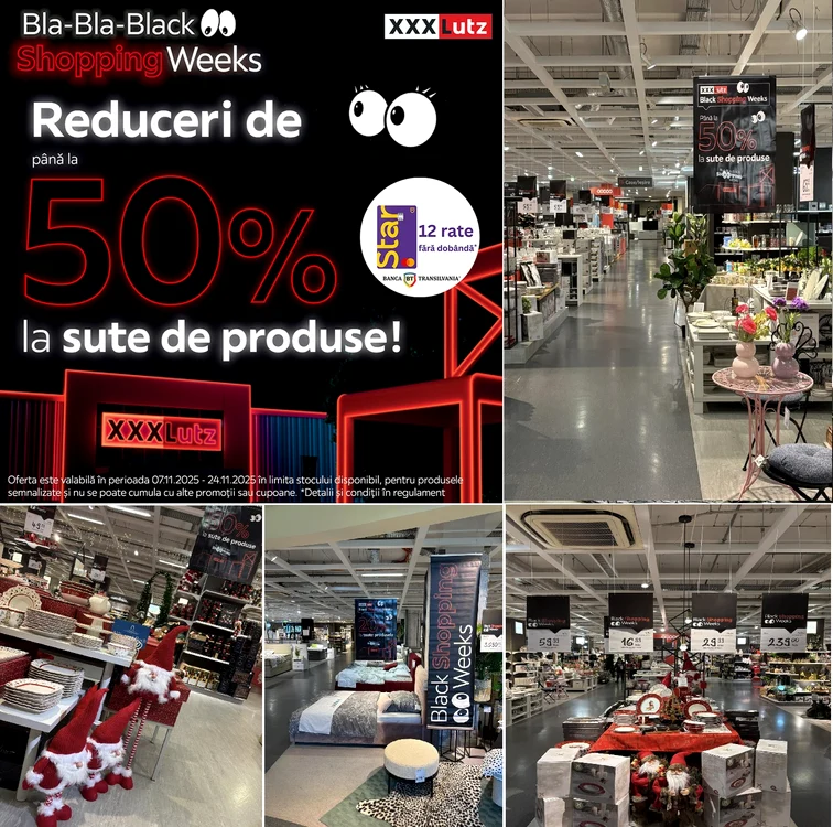 Imaginea de promovare Black Friday 2025 „Bla Bla Black Shopping Weeks” la XXXLutz Colaj XXXLutz