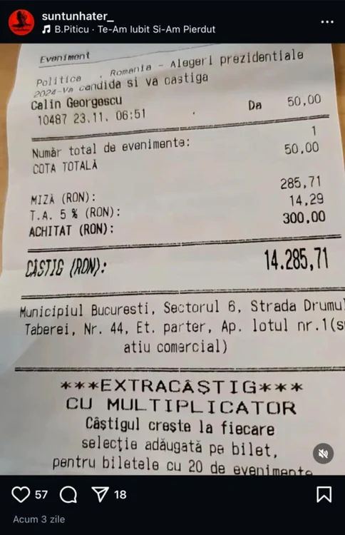 Bilet câștigător, cu cota 50