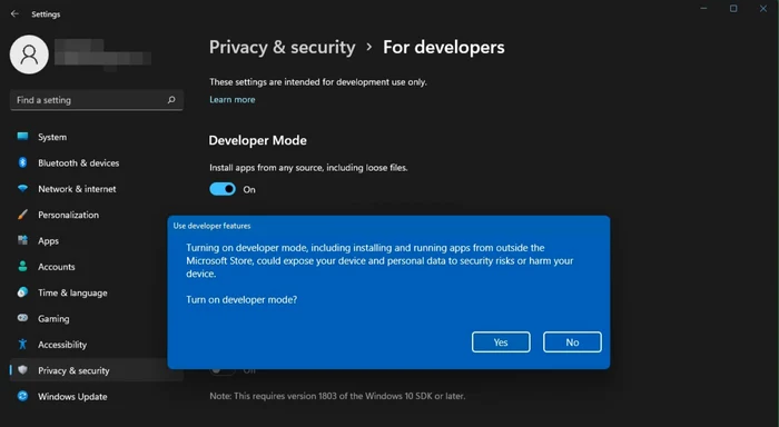 Activare mod dezvoltator pentru instalare Windows 11