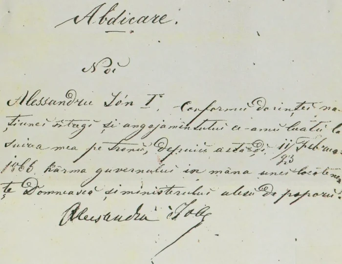 Actul abdicării, pe care Cuza l-a semnat ținând hârtia pe spatele căpitanului Pillat, cel care l-a somat să o iscălească
