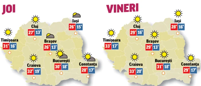 Prognoza meteo pentru următoarele două zile anunță că temperaturile sunt în creștere, deși va ploua pe alocuri