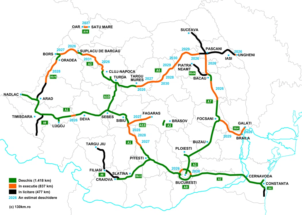 Harta autostrăzilor din România. Sursa: 130km.ro
