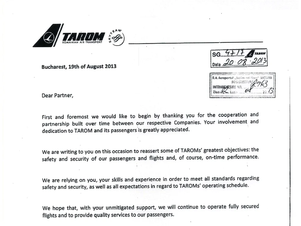 Adresa evazivă transmisă de Christian Hainzmann, managerul companiei Tarom