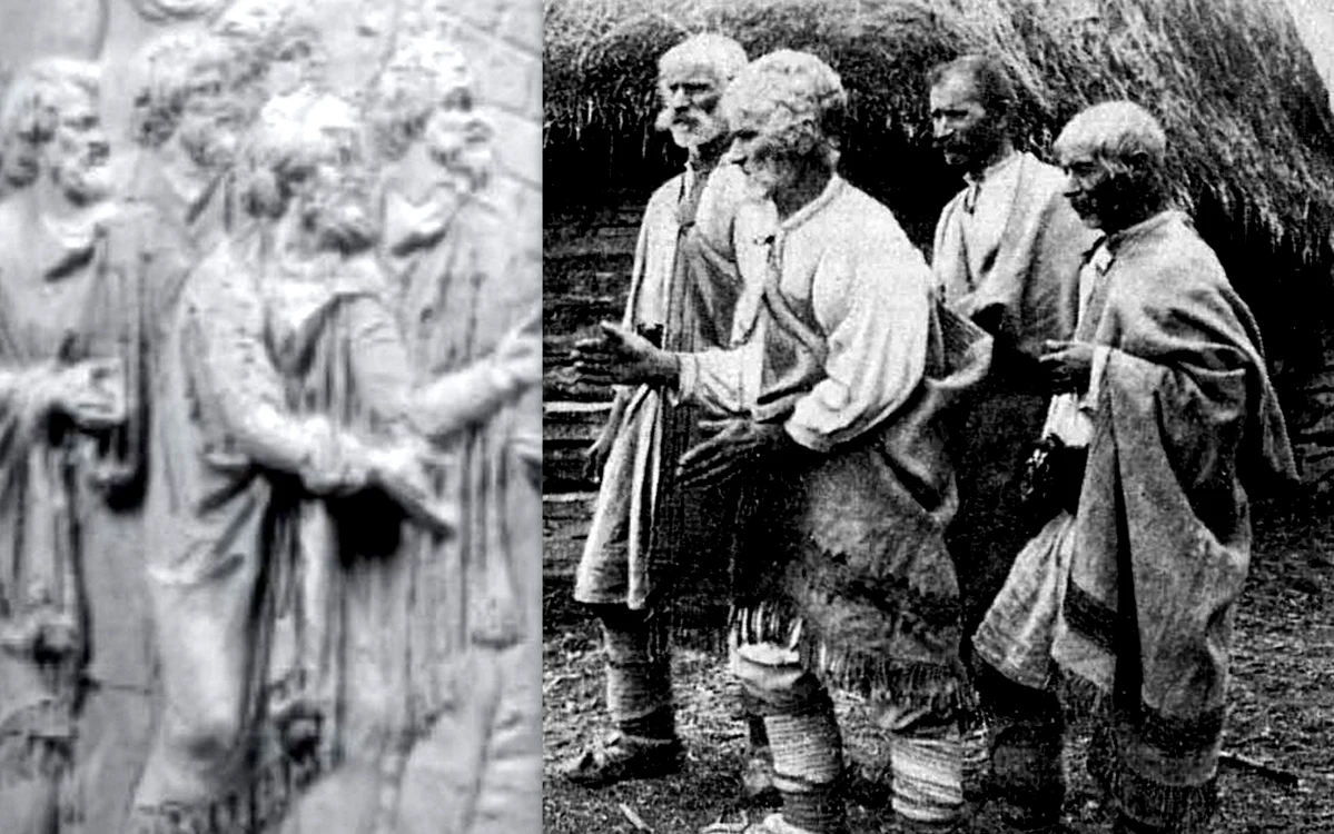 Soli daci pe Columnă (stânga). Localnici din Lunca Cernii în 1912. Sursa: Romulus Vuia.