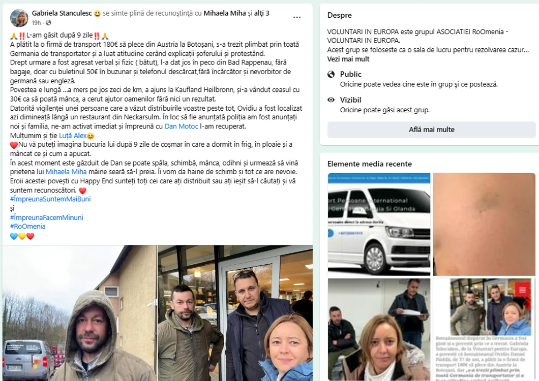 Grupul de Facebook „Voluntari în Europa” a fost salvarea Bărbatului. FOTO Voluntari în Europa