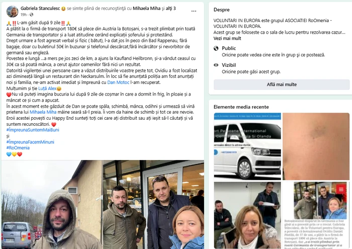 Grupul de Facebook „Voluntari în Europa” a fost salvarea Bărbatului. FOTO Voluntari în Europa