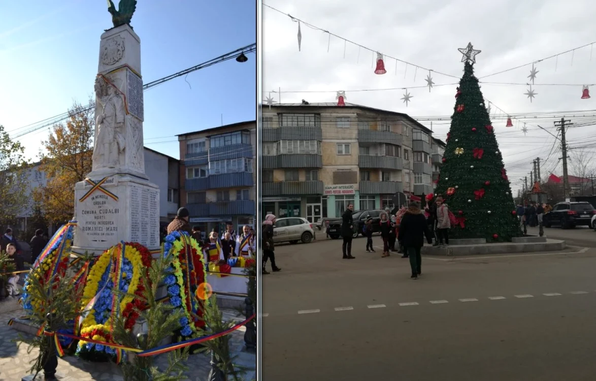 Monumentul eroilor din Cudalbi, cu şi fără brad FOTO Facebook/Iulian Ion