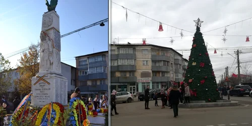 Monumentul eroilor din Cudalbi cu şi fără brad FOTO Facebook/Iulian Ion