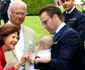 Princess Estelle and Princess Victoria and Prince Oscar and Prince Daniel and Queen Silvia and King Carl Gustaf during the celebration of Victoria's 39th birthday at Solliden palace in Oland, Sweden jpeg