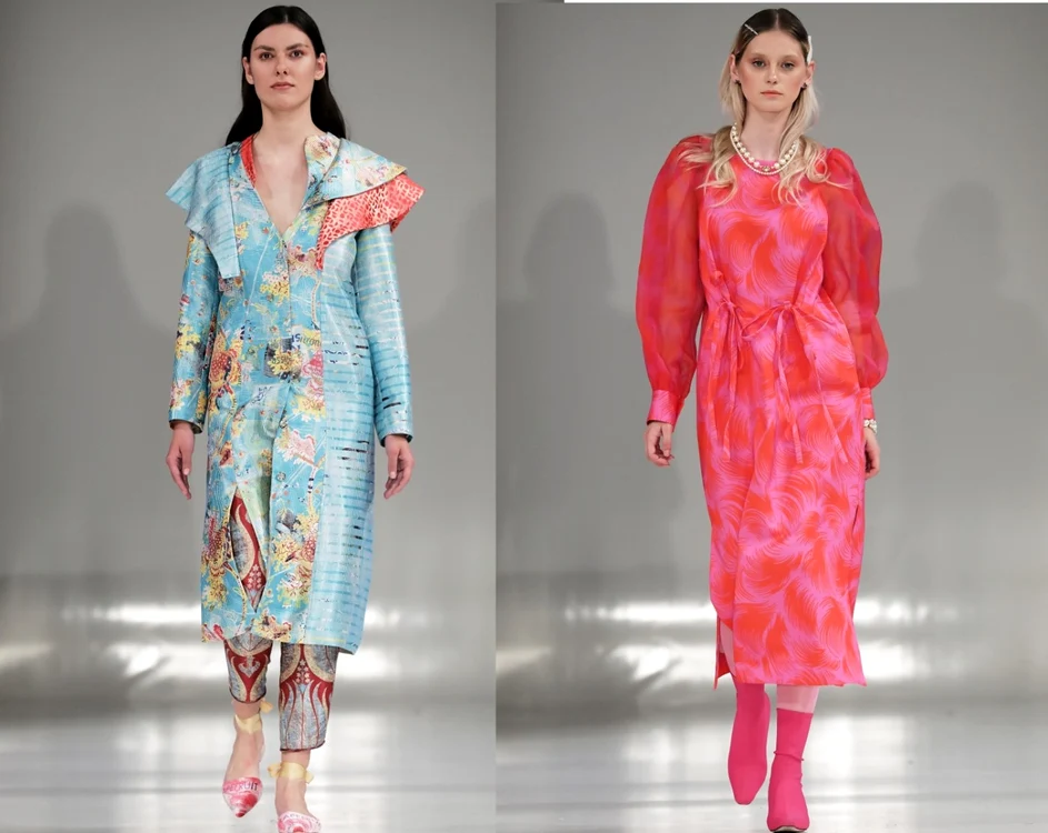 Ţinută realizată de masteranda Kiss Gyöngyvér (stânga) şi creaţie a masterandei Evelyne Lőrincz (dreapta), prezentate în cadrul Galei UAD FASHION DESIGN 2019 de la Cluj-Napoca/credit foto Costruţ