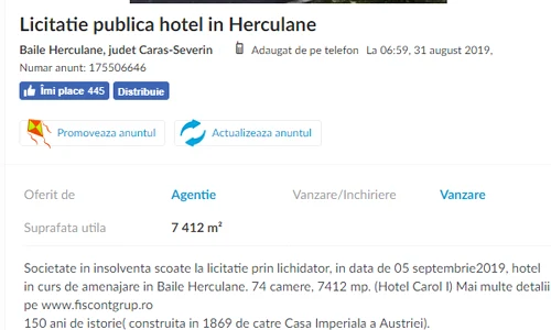 Anunțul de pe olx ce anunță scoaterea la vânzare a Hotelului Traian din Băile Herculane png