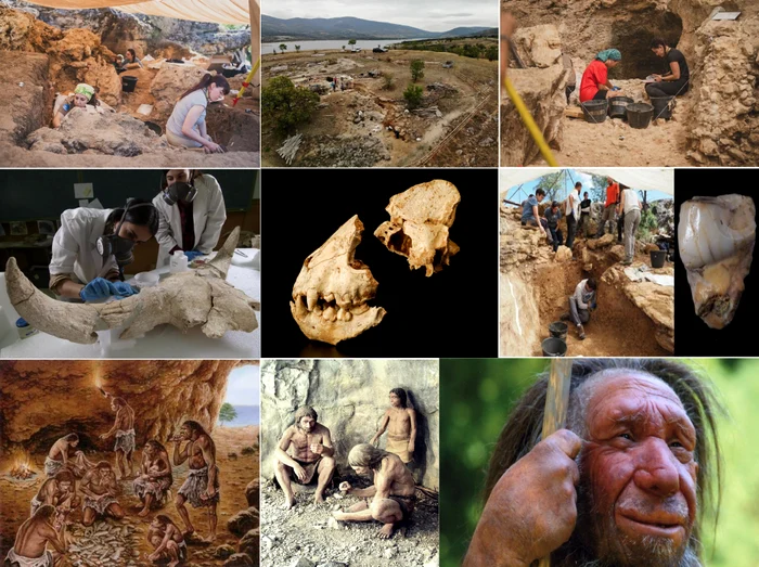 Colaj imagini cu săpături, descoperiri și imagini de neanderthalieni în Spania Foto Comunidad Madrid