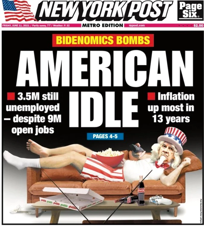 Prima pagină a ziarului New York Post arată un bărbat tolănit pe o canapea ca ilustrare a politicii economice a lui Biden FOTO New York Post