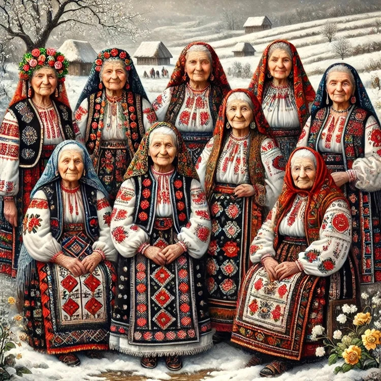 Imagine cu nouă bătrâne reprezentând cele „9 Babe” ale primăvarii