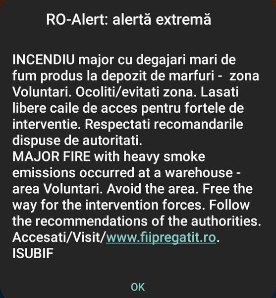 Incendiu major la un depozit din Voluntari. A fost emisă avertizare RoAlert