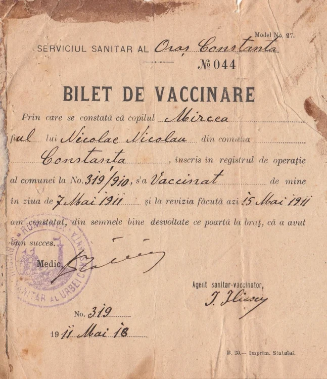 Bilet de vaccinare 1911 Arhiva familiei Mircea Nicolau