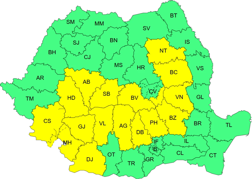Județele vizate de Codul galben FOTO ANM