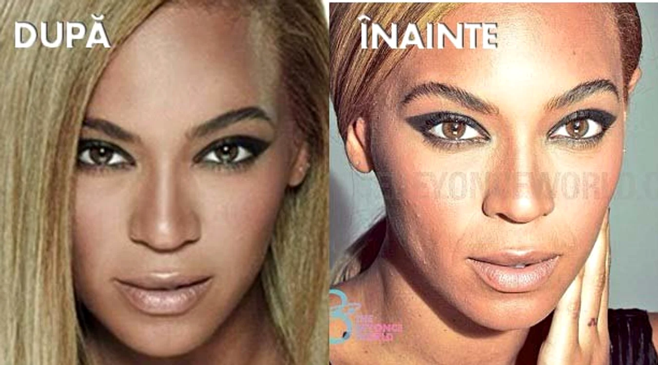 
    Beyonce, după ce imaginea ei a fost prelucrată în Photoshop (stânga) şi înainte (dreapta)Foto: dailymail.co.uk  