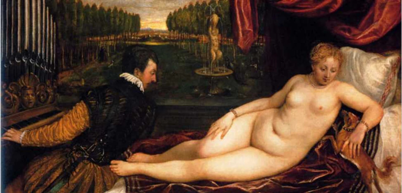 Venus, organist şi un câine, tablou realizat de Tiziano Vecellio (Tiţian), vestit pictor italian din secolul al XVI-lea, aparţinând şcolii veneţiene. FOTO artistinspire.com