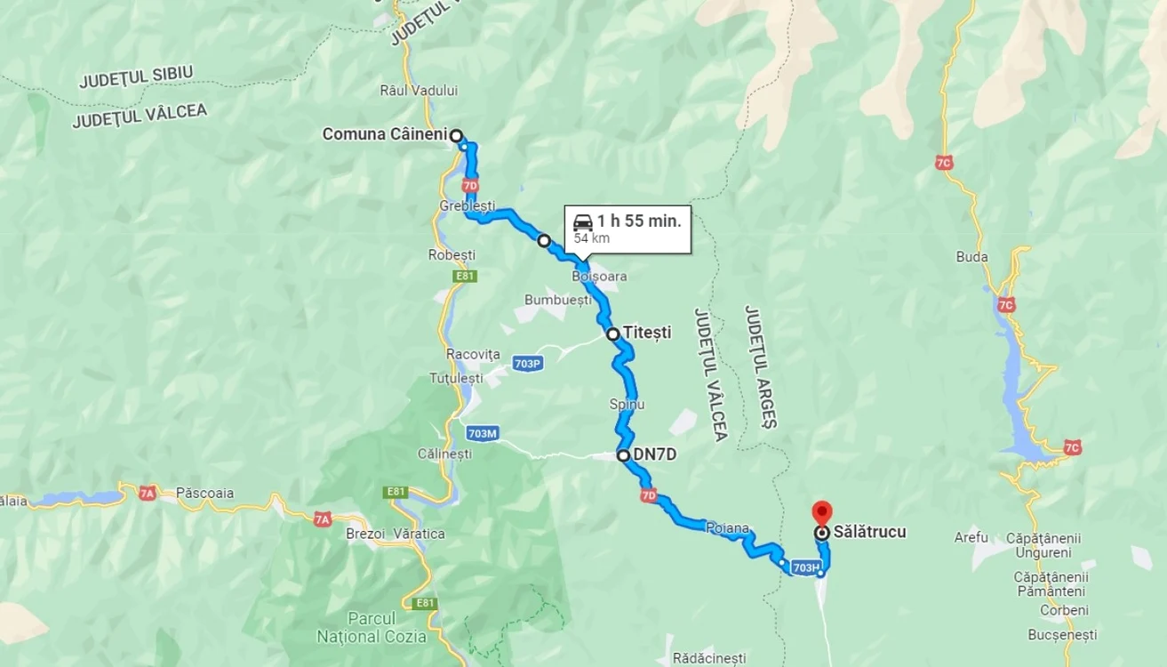Traseul din DN7 prin Ţara Loviştei care ocoleşte Valea Oltului - prin Câineni - Vâlcea până în Sălătrucu - Argeş Foto Google Maps
